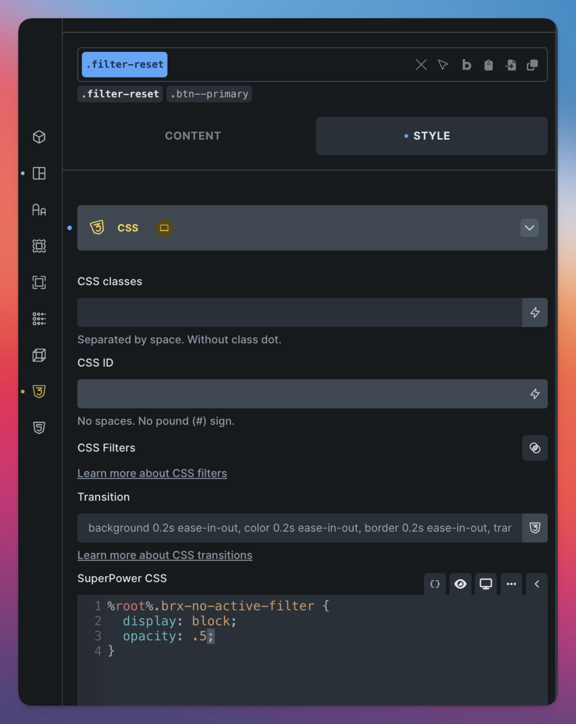 Bricks filter submit reset custom css