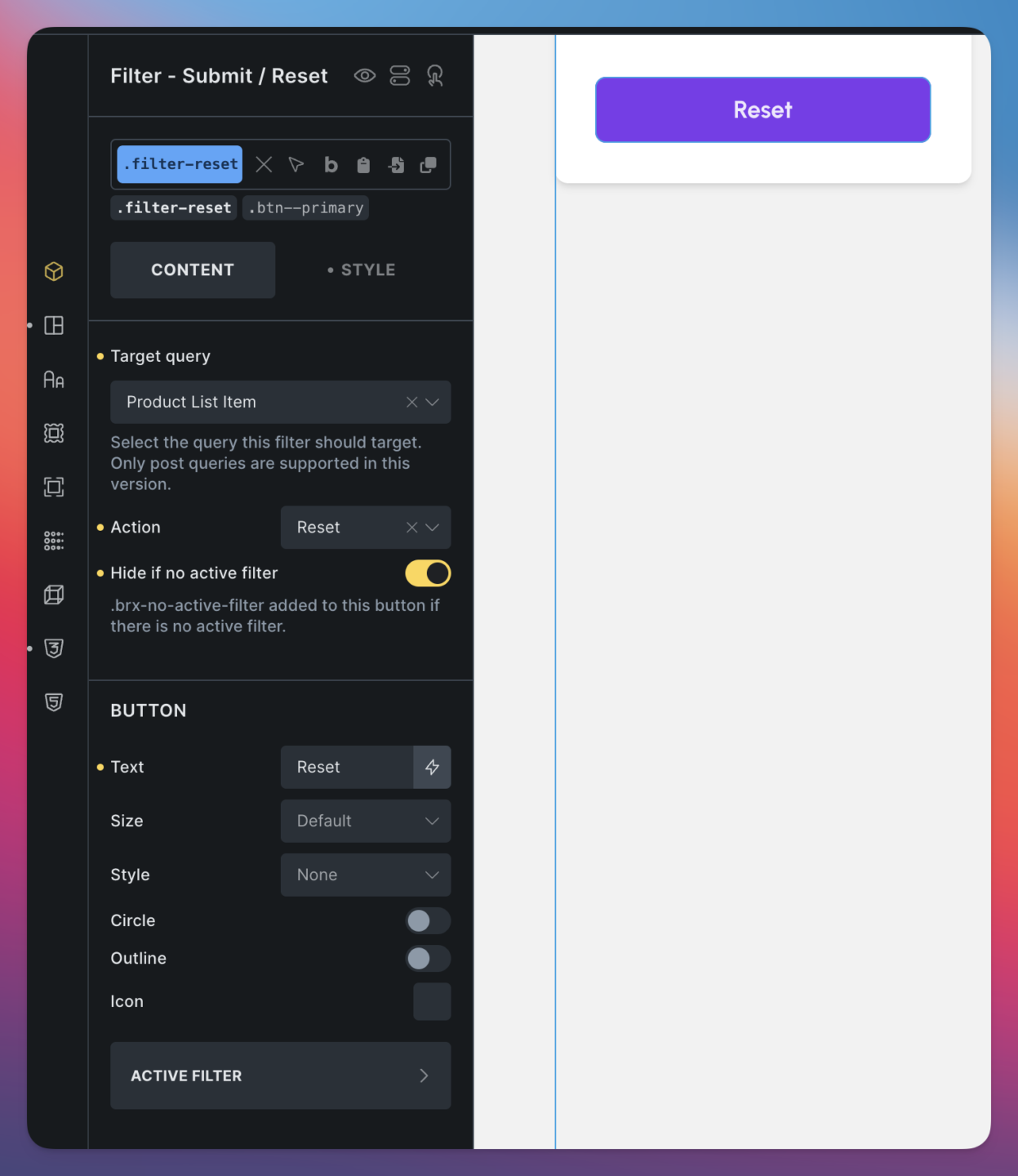 Bricks filter submit reset panel