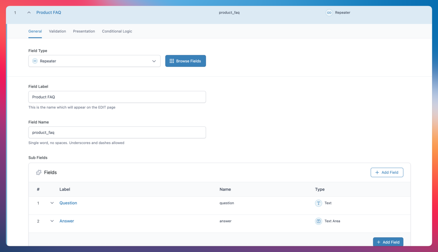 Product faq acf setting 02